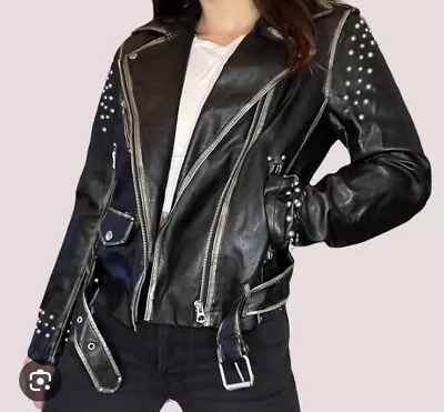 Buy Zara Studded Faux Leather Moto Jacket Women’s Size L Black • 29.99£