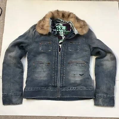 Buy Roxy Distressed Vintage Padded Denim Jacket Detachable Fur Collar Lined S Cotton • 30£