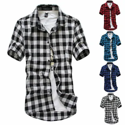 Buy Mens Plaid Check Short Sleeve Shirts T-Shirt Casual Button Down Tops Casual Work • 4.79£