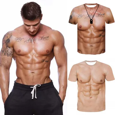 Buy Men Strong Muscle Tattoo Print Short Sleeve T-Shirt 3D Digital Printing Tee Tops • 10.79£