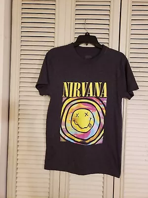 Buy Nirvana Band T Shirt Womens Medium Dark Gray Smiley Face Kurt Cobain • 6.04£