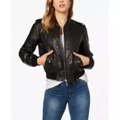 Buy Collection B Women's Black Faux Leather Full-Zipper Long Sleeves Bomber Jacket L • 34.09£