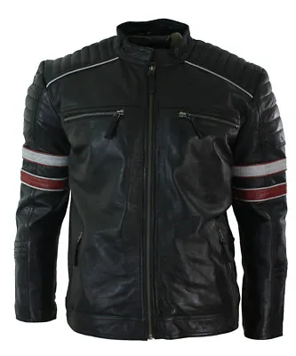 Buy CLEARANCE: Cafe Racer Black Leather Jacket With Red And White Stripes • 49.99£