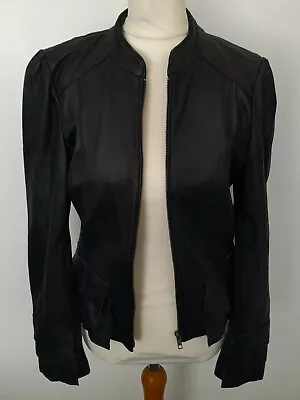 Buy OASIS - Black REAL LEATHER Jacket Frilled Peplum Hemline Soft Size M 10 • 54.99£