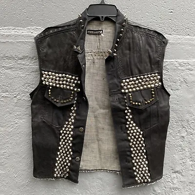 Buy Black Denim And Leather Hand  Studded Vest Battle Vest • 128.80£