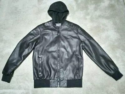 Buy Men's Faux Leather Bomber Jacket Black Size Medium Material Hood Attached • 15£