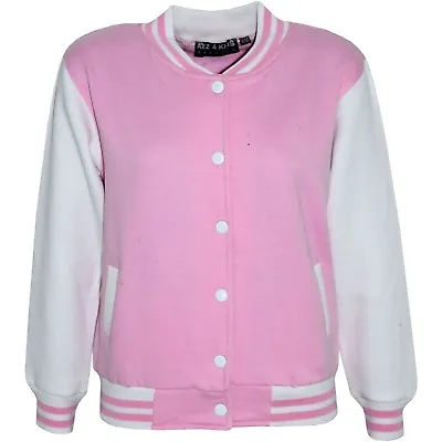 Buy Kids Girls Baseball Baby Pink Jacket Varsity Style Plain School Jacket Top 5-13Y • 11.99£