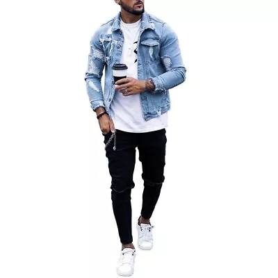 Buy Mens Denim Jacket Fashion Casual Classic Trucker Ripped Washed Jean Button Coat • 23.98£