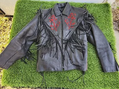 Buy Vintage ￼Shaf ￼Women’s Black Leather Motorcycle Jacket Sz M Black Red Roses • 67.55£