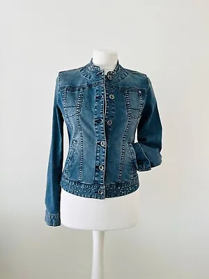 Buy Size S-M  Collarless Blue Denim Metal Studded Cropped Jacket • 9.99£