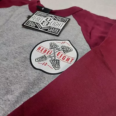Buy Rebel8 Fingers Crossed Raglan Mens Long Sleeve Tee T-Shirt - Grey/Burgundy - XL • 24.99£