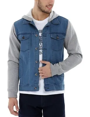 Buy Llak Jeans Men's Blue And Grey Hooded Denim Trucker Jacket XL (JKT-22) • 14.99£