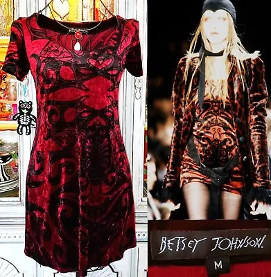 Buy Betsey Johnson Vintage 90s Crushed Velvet Black Bug Tribal Franky Tattoo Dress M • 192.14£