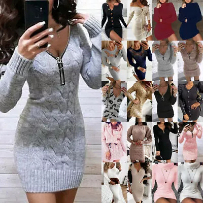 Buy Womens Knitted Bodycon Jumper Dress Ladies Long Sleeve Casual Sweater Mini Dress • 15.59£