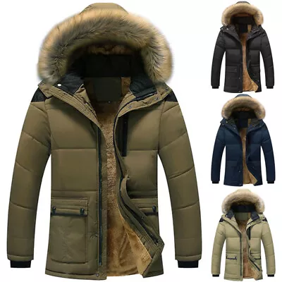 Buy Men's Thicken Warm Parka Hooded Jacket Fur Lined Outdoor Winter Coat • 46.73£