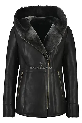 Buy Ladies B3 Flying Hood Coat Real Shearling Sheepskin Black Fur Hoodie Jacket NV39 • 400£