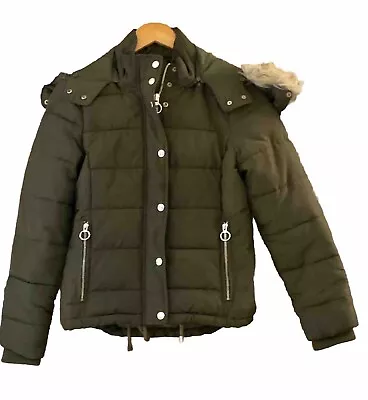 Buy Topshop Khaki Quilted Parka Bomber Jacket. Fur Lined Detachable Hood. Size 10 • 20£