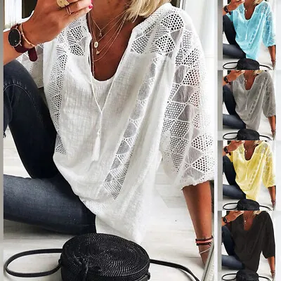 Buy Plus Size Womens 3/4 Sleeve Cotton Linen Tops Ladies Casual Loose Summer T Shirt • 2.99£