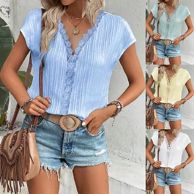 Buy Womens Solid Lace Ribbons Short Sleeve T-Shirt Ladies V Neck Blouse Tops Summer • 13.79£