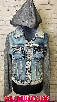Buy Maurices Blue Denim Jacket With Gray Sweatshirt Hood And Sleeves Size Small • 21.41£