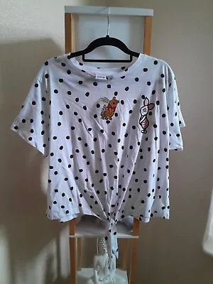Buy Bnwt Size Xl (18-20) Winnie The Pooh White & Black Polka Dot Knotted Front Top • 3£