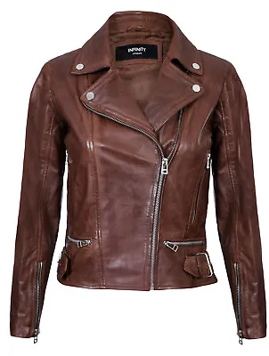 Buy Ladies Leather Jacket Classic Biker Style Brown Real Leather Womens Jacket • 89.99£