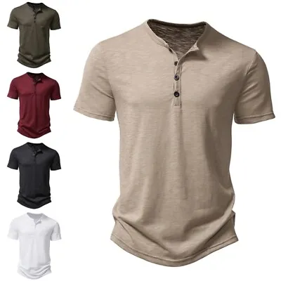 Buy Mens Summer Solid Button V Neck T Shirts Henley Casual Short Sleeve Slim Tops • 10.89£