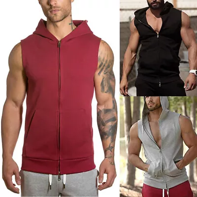 Buy Men Vest Sweatshirt Hooded Top Tank Tops Sleeveless Hoodies Zipper Solid Sports • 10.19£