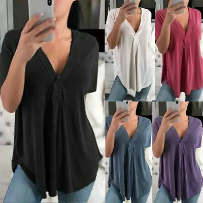 Buy Woman Short Sleeve T Shirt Low Cut Casual Tunic Loose Blouse Tops Tee Plus Size↑ • 11.11£