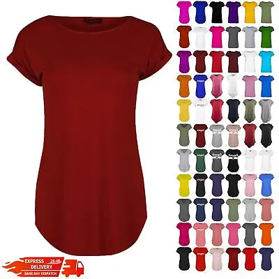Buy Womens Ladies Plain Stretchy Turn Up Short Sleeve Curved Hem Jersey T Shirt Top • 3.49£