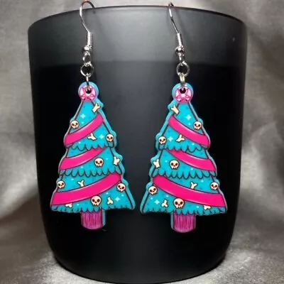 Buy Handmade Silver Christmas Skull Tree Earrings Gothic Gift Jewellery Women Woman  • 3£