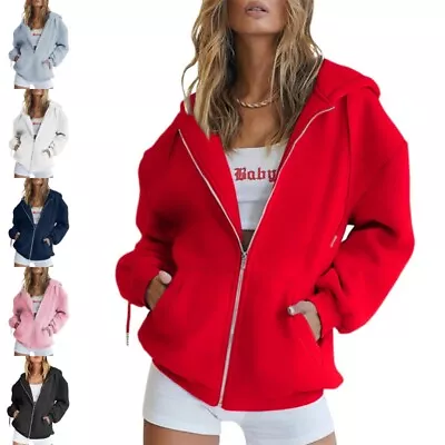 Buy Womens Hoodies Solid Sweatshirt Ladies Loose Long Sleeve Zip Up  Pullover Tops • 13.79£