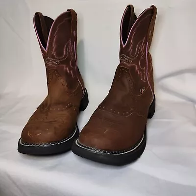 Buy Justin Women's Gypsy Cowgirl Boots L9903 Brown Leather Pink Detailing Size 11.5B • 16.53£