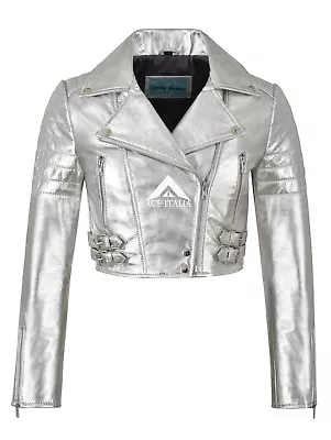 Buy Ladies High Waist Rock-Chick Cropped Gold/Silver Foil Real Lambskin Jacket 5625 • 97.57£