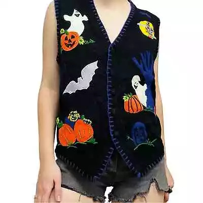 Buy Vintage Sweater Vest Halloween Holiday Knit Embroidered Black Petite Size Large • 55.98£