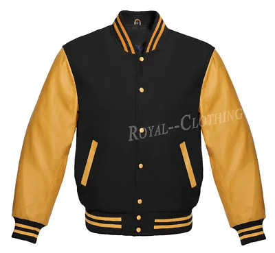 Buy Letterman Bomber Varsity Jacket Black Wool And Genuine Gold Leather Sleeves • 85.04£