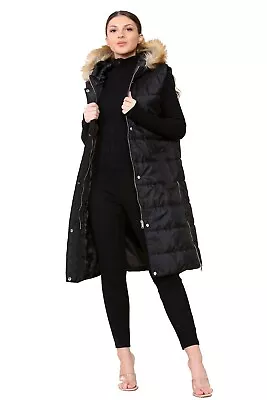 Buy Womens Fur Hooded Long Puffer Black Gilet Jacket Padded Top Body Warmer 10-20 • 22.95£