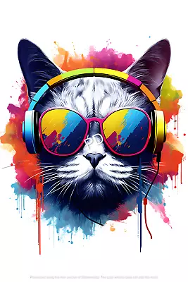 Buy Cat With Headphones Film Light Or White Clothing Heat Transfer • 4.14£