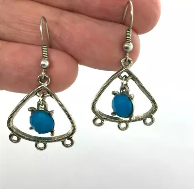 Buy Triangle Dangle Earrings Silver Tone Metal Blue Bead Festival Costume Jewellery • 0.99£