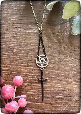 Buy NEW Black Silver Colour Gothic Goth Ancient Style Sword Pentagram Wicca Necklace • 12.99£