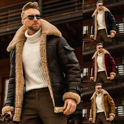 Buy Men's Jacket Leather Bomber Jacket Pilot Fur Coat Winter Warm Coat Overcoat Mens • 35.99£