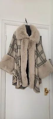 Buy Gorgeous Quality Fur Trim Beige Tartan Cape Jacket Coat Neutral Size M/L • 4.99£