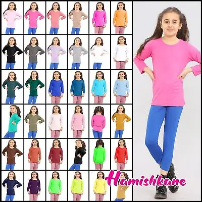 Buy Girls Long Sleeve Top Plain Kids Round Neck Basic Stretch Jersey School T-Shirt • 4.78£