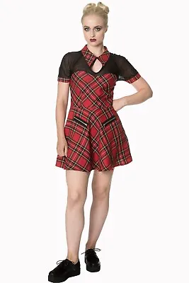 Buy Red Tartan Check Spider Web Rockabilly Emo Mini Skater Dress By BANNED Apparel • 29.99£