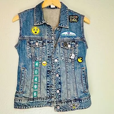 Buy Custom Denim Jean Battle Vest Distressed Back Patch Wasted Youth OOAK Yellow • 16.26£