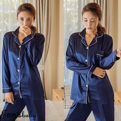 Buy Women Ladies Plain Silky Satin Pyjamas Silk PJ'S Sleepwear Long Sleeve Nightwear • 9.35£