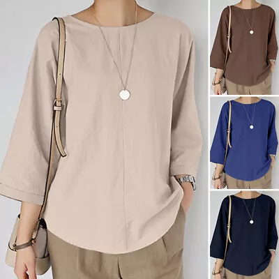 Buy UK Women Round Neck 3/4 Sleeve Tops Pullover Casual Baggy Solid T Shirt Blouse • 11.99£