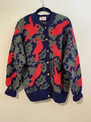 Buy VTG Orvis Sz XL Red Blue Cardinal Bird Holly Chunky Knit Holiday Sweater • 37.79£