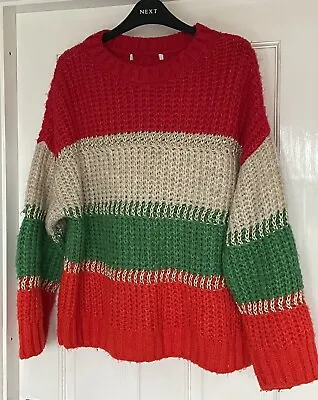 Buy Next Orange Red Green And Beige Sparkle Striped Xmas Jumper M. • 4.50£