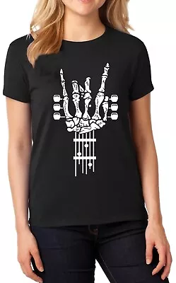 Buy Rock On Guitar Ladies T-Shirt Music Metal Goth Punk Skeleton Skull Women Top Tee • 11.99£